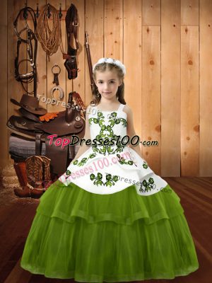 Olive Green Lace Up Straps Embroidery Pageant Dress for Girls Tulle Sleeveless