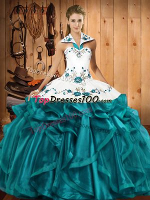 Teal Halter Top Lace Up Embroidery and Ruffles 15 Quinceanera Dress Sleeveless