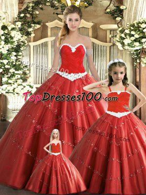 Deluxe Floor Length Ball Gowns Sleeveless Red Quinceanera Gown Lace Up