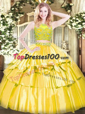 Two Pieces Quinceanera Gown Yellow Scoop Tulle Sleeveless Floor Length Zipper