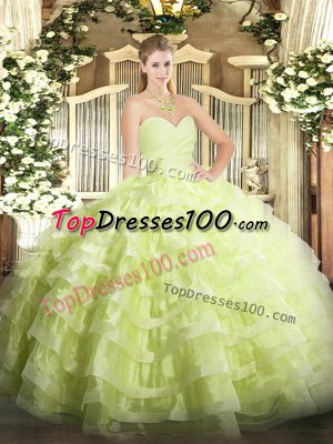 Yellow Green Quinceanera Dresses Military Ball and Sweet 16 and Quinceanera with Beading and Ruffled Layers Sweetheart Sleeveless Lace Up