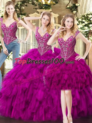 Fuchsia Lace Up V-neck Beading and Ruffles 15th Birthday Dress Organza Sleeveless