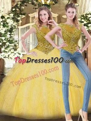 Free and Easy Floor Length Zipper 15th Birthday Dress Champagne for Military Ball and Sweet 16 and Quinceanera with Beading and Ruffles