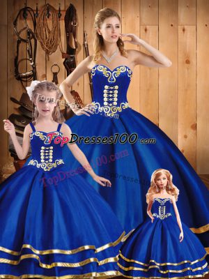 Superior Blue Ball Gowns Tulle Sweetheart Sleeveless Embroidery Floor Length Lace Up Quinceanera Dress