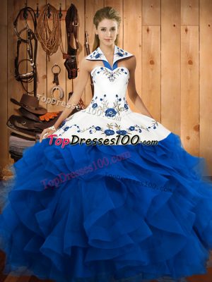 Blue Halter Top Lace Up Embroidery and Ruffles Quinceanera Gowns Sleeveless