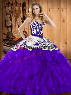 Sweetheart Sleeveless Satin and Organza Ball Gown Prom Dress Embroidery and Ruffles Lace Up