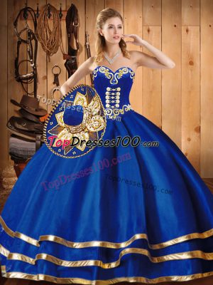 Amazing Blue Sleeveless Satin and Tulle Lace Up 15 Quinceanera Dress for Military Ball and Sweet 16 and Quinceanera