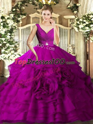 Eye-catching Floor Length Fuchsia Quinceanera Dresses V-neck Sleeveless Backless
