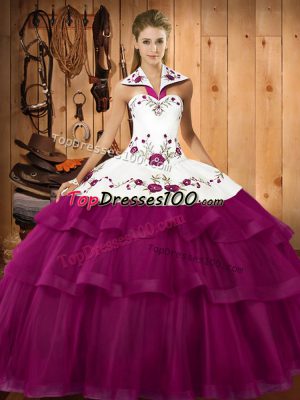 Sleeveless Organza Sweep Train Lace Up 15 Quinceanera Dress in Fuchsia with Embroidery and Ruffled Layers