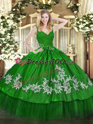 Ball Gowns Quinceanera Gowns Green V-neck Taffeta Sleeveless Floor Length Zipper