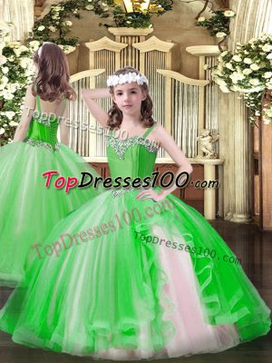 Tulle Lace Up Straps Sleeveless Floor Length Little Girls Pageant Dress Wholesale Beading