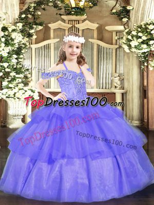 Trendy Beading and Ruffled Layers Kids Formal Wear Lavender Lace Up Sleeveless Floor Length