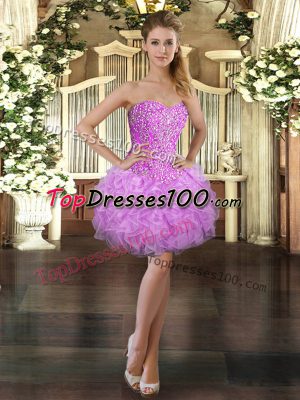 Sleeveless Mini Length Beading and Ruffles Lace Up Prom Gown with Lilac