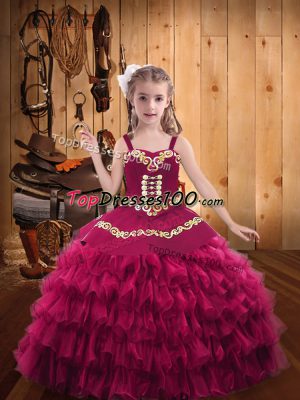 Organza Straps Sleeveless Lace Up Embroidery and Ruffled Layers Child Pageant Dress in Fuchsia