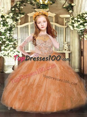 Elegant Ball Gowns Little Girls Pageant Dress Rust Red Scoop Tulle Sleeveless Floor Length Zipper