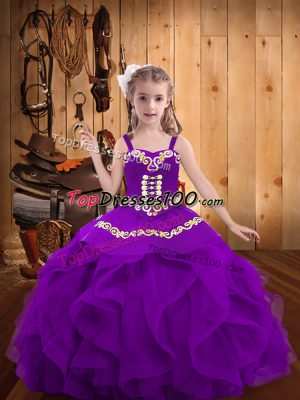 Enchanting Organza Straps Sleeveless Lace Up Embroidery and Ruffles Kids Formal Wear in Eggplant Purple