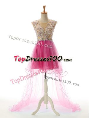 Fabulous Tulle Scoop Sleeveless Backless Appliques Dress for Prom in Fuchsia