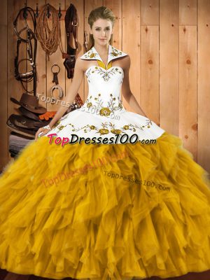 Designer Gold Sleeveless Floor Length Embroidery and Ruffles Lace Up Quinceanera Gowns
