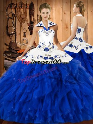 Blue And White Ball Gowns Satin and Organza Halter Top Sleeveless Embroidery and Ruffles Floor Length Lace Up Quinceanera Dress