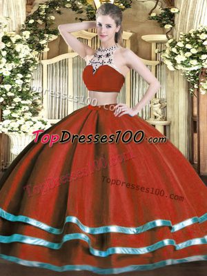Wine Red Backless High-neck Beading Sweet 16 Dresses Tulle Sleeveless