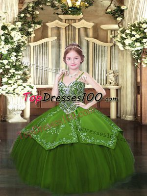 Spaghetti Straps Sleeveless Lace Up Party Dresses Olive Green Satin and Organza