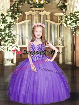 Admirable Ball Gowns Womens Party Dresses Lavender Spaghetti Straps Tulle Sleeveless Floor Length Lace Up