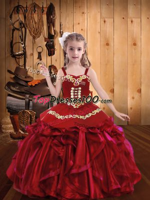 Perfect Red Sleeveless Embroidery and Ruffles Lace Up Casual Dresses