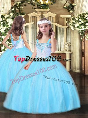 Sleeveless Tulle Floor Length Lace Up Teens Party Dress in Aqua Blue with Beading