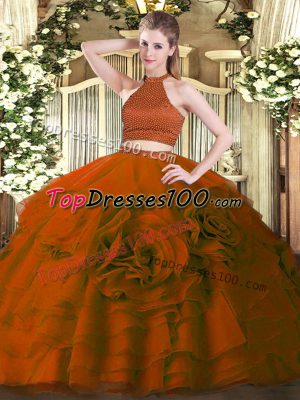Rust Red Two Pieces Beading and Ruffles Quinceanera Gown Backless Tulle Sleeveless Floor Length
