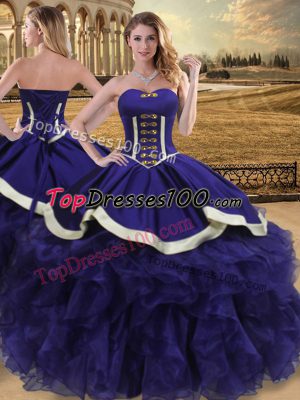 Purple Ball Gowns Organza Sweetheart Sleeveless Beading and Ruffles Floor Length Lace Up Ball Gown Prom Dress