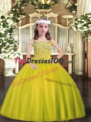 Yellow Green Lace Up Kids Pageant Dress Beading Sleeveless Floor Length