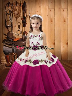 Sleeveless Zipper Floor Length Embroidery Kids Pageant Dress