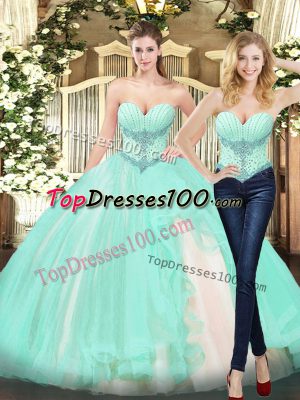 Fitting Sleeveless Floor Length Beading and Ruffles Lace Up Quince Ball Gowns with Apple Green