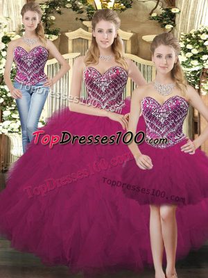 Fuchsia Three Pieces Sweetheart Sleeveless Organza Floor Length Lace Up Beading and Ruffles 15 Quinceanera Dress