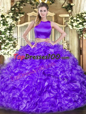 Vintage High-neck Sleeveless Sweet 16 Quinceanera Dress Floor Length Ruffles Eggplant Purple Tulle