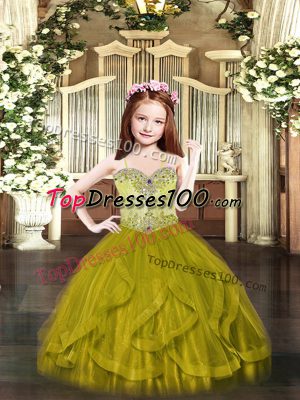 Olive Green Sleeveless Floor Length Beading and Ruffles Lace Up Little Girl Pageant Dress