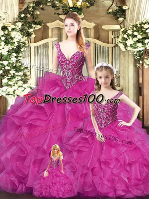 Sweet Floor Length Lace Up Sweet 16 Quinceanera Dress Red for Military Ball and Sweet 16 and Quinceanera with Beading and Ruffles