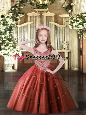 Fantastic Wine Red Lace Up Scoop Beading Little Girls Pageant Dress Tulle Sleeveless