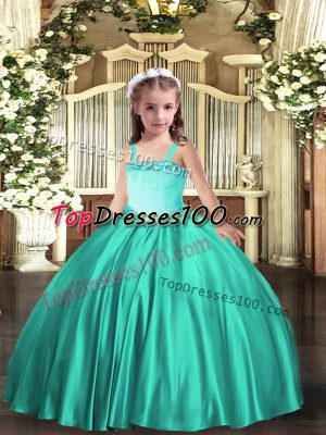 Simple Turquoise Ball Gowns Appliques Kids Formal Wear Lace Up Satin Sleeveless Floor Length