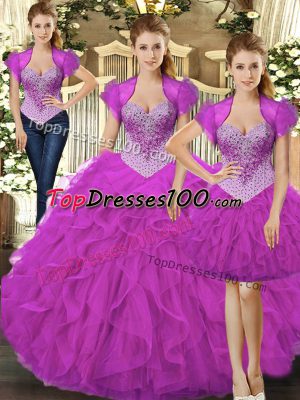 Beauteous Beading and Ruffles Ball Gown Prom Dress Fuchsia Lace Up Sleeveless Floor Length