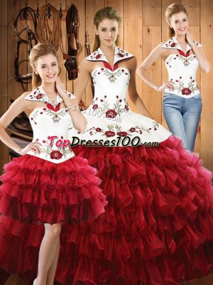 Embroidery and Ruffled Layers Quinceanera Dresses Wine Red Lace Up Sleeveless Floor Length