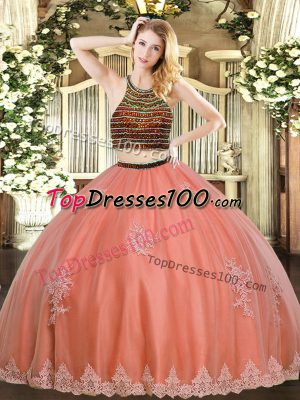 Attractive Sleeveless Tulle Floor Length Zipper Sweet 16 Quinceanera Dress in Coral Red with Beading and Appliques