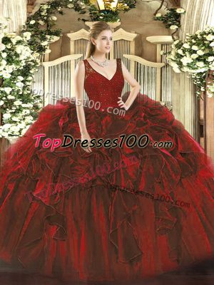 Wine Red Ball Gowns V-neck Sleeveless Organza Floor Length Backless Beading and Lace and Ruffles Sweet 16 Dresses