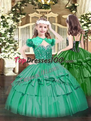 Latest Turquoise Sleeveless Organza Lace Up Kids Pageant Dress for Party and Quinceanera