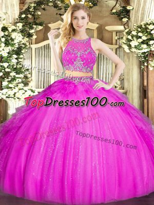 Beading and Ruffles Quinceanera Dresses Fuchsia Zipper Sleeveless Floor Length