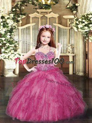 Spaghetti Straps Sleeveless Tulle Little Girls Pageant Dress Beading and Ruffles Lace Up