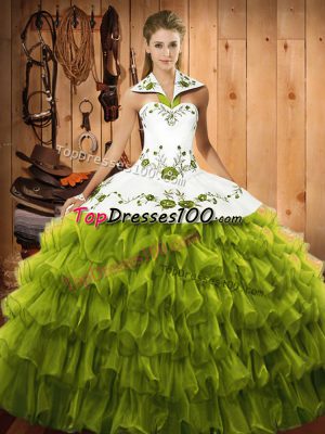 Exceptional Floor Length Lace Up Sweet 16 Dress Olive Green for Military Ball and Sweet 16 and Quinceanera with Embroidery and Ruffled Layers