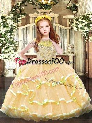 Best Gold Pageant Gowns Party and Quinceanera with Beading and Ruffled Layers Scoop Sleeveless Zipper