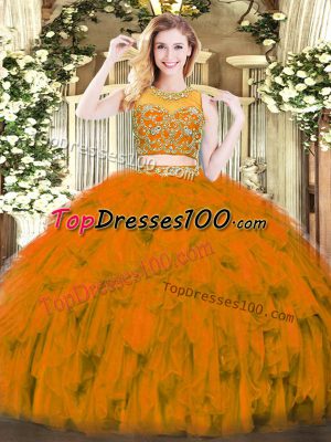Beading and Ruffles Quinceanera Dress Rust Red Zipper Sleeveless Floor Length
