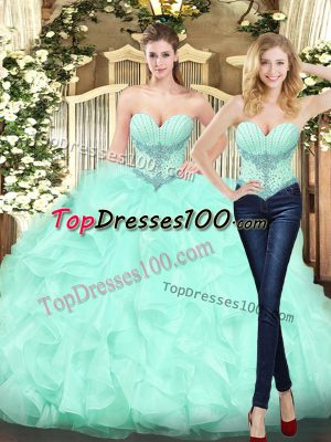 Cheap Apple Green Lace Up Sweetheart Beading and Ruffles Quince Ball Gowns Organza Sleeveless